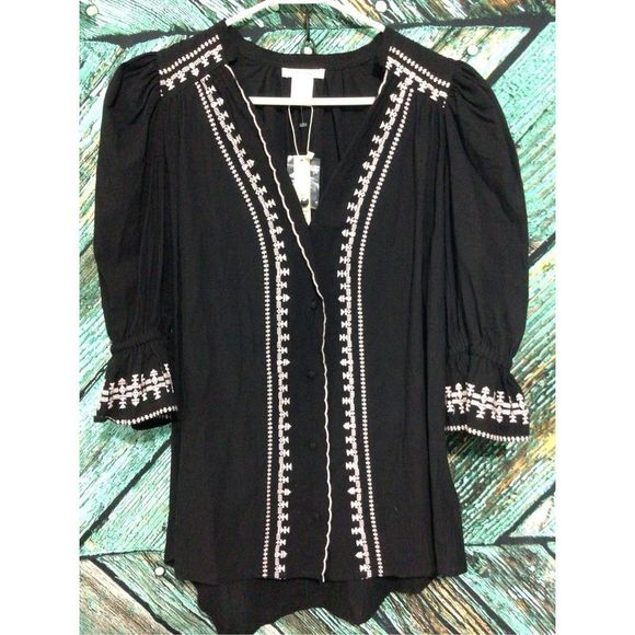 NWT ESLEY Bohemian Boho Top Black With White Embroidery Size Small - Picture 10 of 10